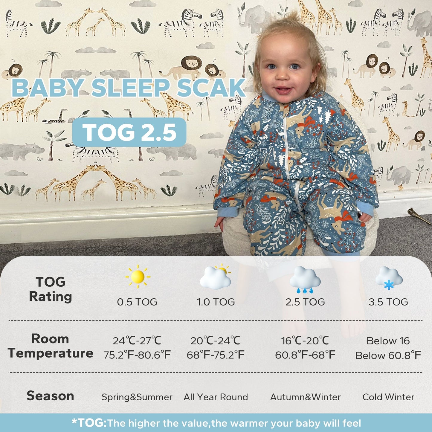 2.5 TOG Winter Toddler Sleeping Bag with Legs 100% Cotton