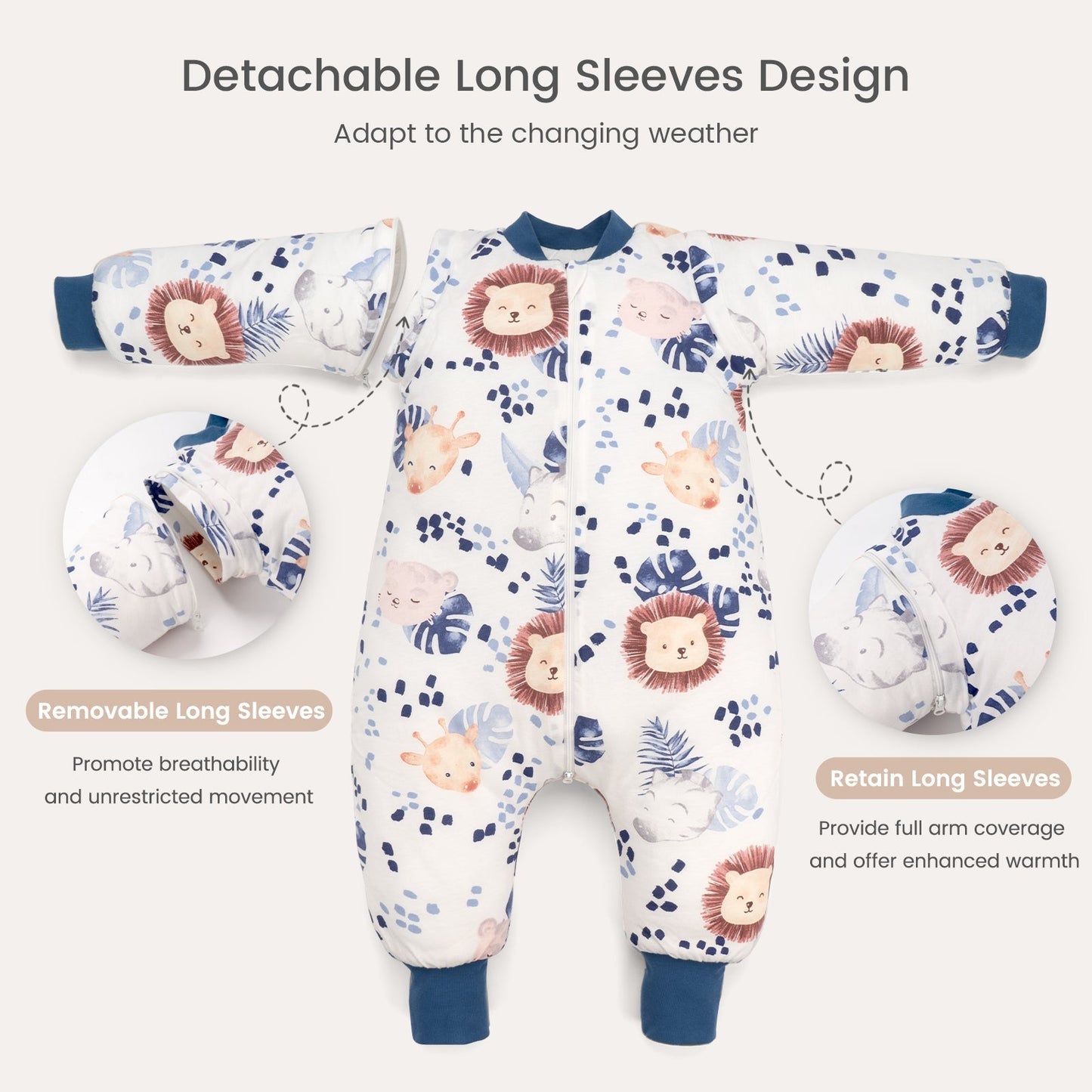 2.5 Tog Removable Sleeves Toddler Sleep Sack with Feet 1-3 Years